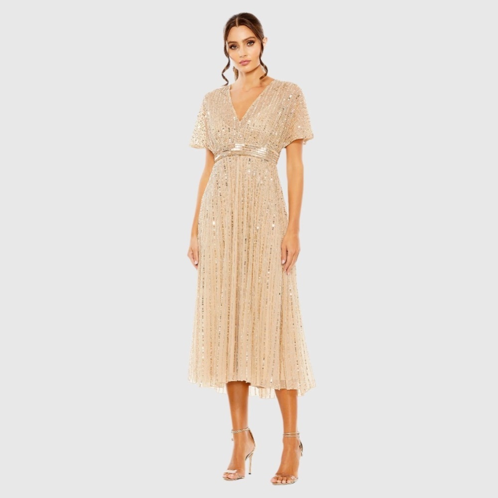 Mac Duggal 14007 NWT Beige A Line Embellished Short Sleeve Dress